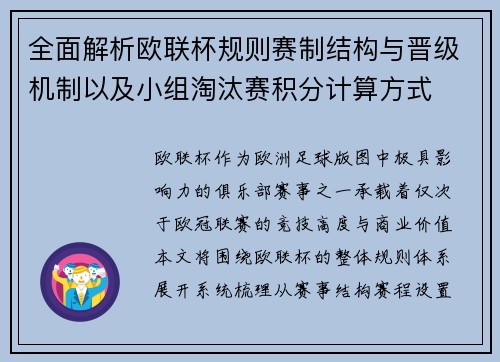 全面解析欧联杯规则赛制结构与晋级机制以及小组淘汰赛积分计算方式