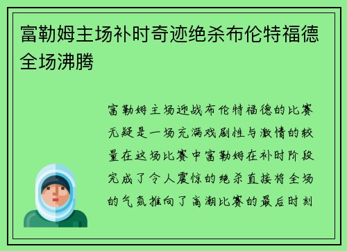 富勒姆主场补时奇迹绝杀布伦特福德全场沸腾 富勒姆主场补时奇迹绝杀布伦特福德全场沸腾