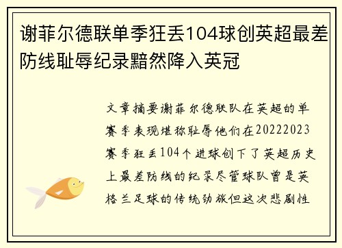 谢菲尔德联单季狂丢104球创英超最差防线耻辱纪录黯然降入英冠